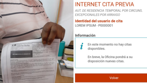 Melo, con la factura del hospital por atender a su hijo.  A la derecha, una Oficina de Extranjería, sin citas disponibles.