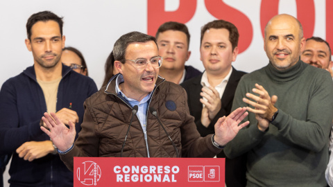 El presidente de la Diputación de Badajoz, Miguel Ángel Gallardo, tras vencer en las primarias del PSOE de Extremadura, en Mérida. 2-3-2024.