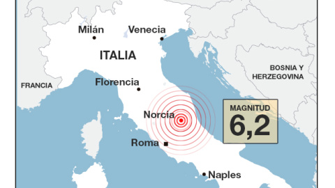 El epicentro del terremoto en Italia. EUROPA PRESS