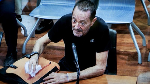 Fotografía tomada desde una de las pantallas de la sala de prensa de la Audiencia Provincial de Málaga, en el momento en que el exalcalde de Marbella Julian Muñoz, visiblemente muy deteriorado, declara como acusado en el juicio que ha comen