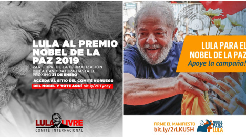 Carteles de la campaña pidiendo la candidatura de Lula para el Nobel de la Paz