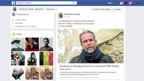 Cuenta del actor Willy Toledo en Facebook.