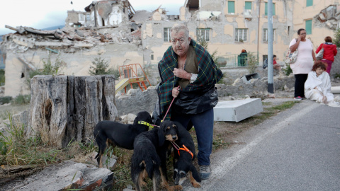 Un hombre pasea a sus perros tras el terremoto de Amatrice, Italia central. REUTERS/Remo Casilli