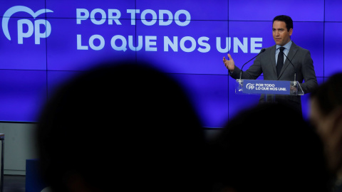 El secretario general del PP, Teodoro García Egea, durante la presentación del lema de su partido para las elecciones del 10 de noviembre. EFE/ Juan Carlos Hidalgo