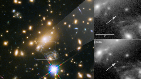 Imagen a color del cúmulo MACS J1149+2223 observado por el telescopio Hubble. A la derecha, se muestra la zona del cielo tomada en 2011 donde no se ve la estrella Ícaro, comparada con la imagen de 2016 donde se aprecia claramente esta super