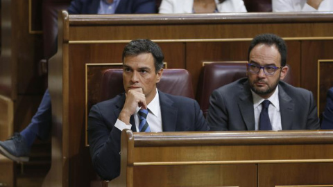 El secretario general del PSOE, Pedro Sánchez (i) y Antonio Hernando (d), portavoz parlamentario, escuchan hoy desde su escaño el discurso de investidura del presidente en funciones, Mariano Rajoy. EFE/Juan Carlos Hidalgo