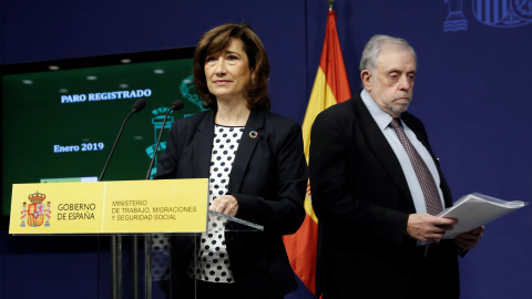 La secretaria de Estado de Empleo, Yolanda Valdeolivas, y el secretario de Seguridad Social, Octavio Granado, en rueda de prensa para presentar los datos de paro de enero. EFE/Ballesteros