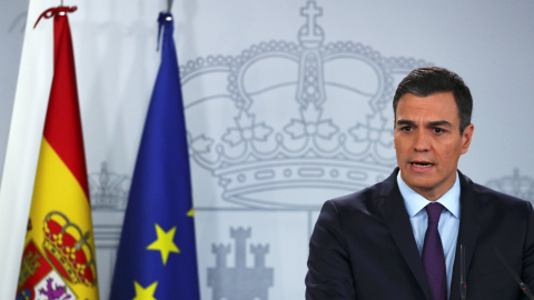 El presidente del Gobierno, Pedro Sanchez, en su comparecencia en el Palacio de la Moncloa para anunciar el reconocimiento de Juan Guairó como presidente encargado de Venezuela. REUTERS/Sergio Perez