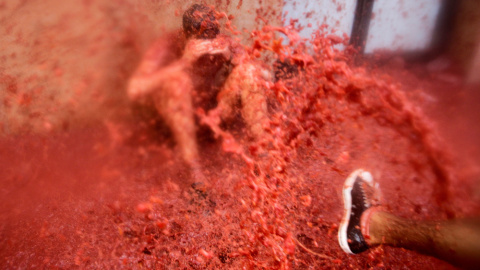 Uno de los participantes en la batalla de tomates, conocida como la Tomatina, en la localidad valenciana de Buñol. REUTERS/Heino Kalis