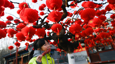 Una niña come un caramelo mientras está de pie junto a un árbol decorado con linternas rojas antes del Año Nuevo Lunar Chino en las afueras de un parque en Pekín | AFP/ Wang Zao