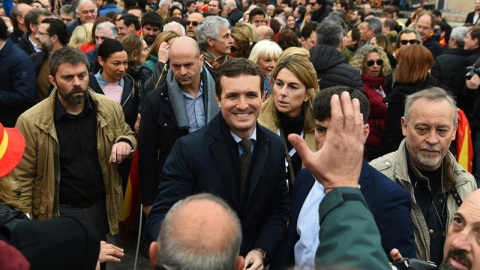 El presidente del PP, Pablo Casado, durante la concentración. Fernando Villar (EFE)