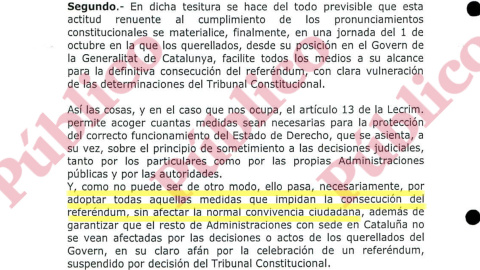 Fragmento del punto segundo de los Fundamentos de Derecho del auto del Tribunal de Justicia de Catalunya, del 27 de septiembre de 2017, sobre la forma de actuar frente al referéndum del 1-O.