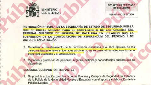 Fragmentos de las instrucciones que emitió la Secretaría de Estado de Seguridad del Ministerio del Interior para el cumplimiento de las órdenes del TSJC ante el 1-O.