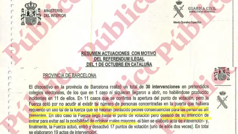 Cabecera del informe de la Guardia Civil sobre sus actuaciones el 1-O y fragmento en el que admite que optó por no emplear la fuerza porque "se habrían producido peores consecuencias para las personas allí presentes".