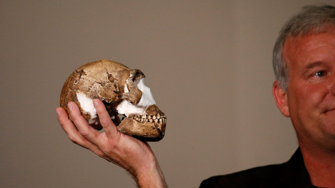 El profesor Lee Berger sostiene una réplica del cráneo del Homo naledi.- Siphiwe Sibeko (REUTERS)