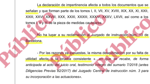 Declaración de impertinencia de todos los documentos del Juzgado de Instrucción 13 de Barcelona.