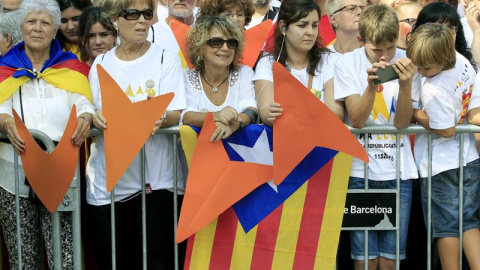 Manifestación Via Lliure convocada por las plataformas independentistas en la avenida Meridiana de Barcelona. Las mujeres sujetan cartulinas con formas similares a las del puntero de un ratón de ordenador. EFE/ Andreu Dalmau.