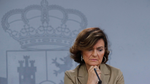 La vicepresidenta del Gobierno en funciones, Carmen Calvo, en la rueda de prensa tras la reunión del Consejo de Ministros en el palacio de La Moncloa en Madrid. EFE/ Juan Carlos Hidalgo