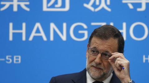 El presidente del Gobierno español en funciones, Mariano Rajoy, durante la rueda de prensa que ha ofrecido hoy al término de la cumbre del G20 que se celebra en China.  EFE/Juan Carlos Hidalgo