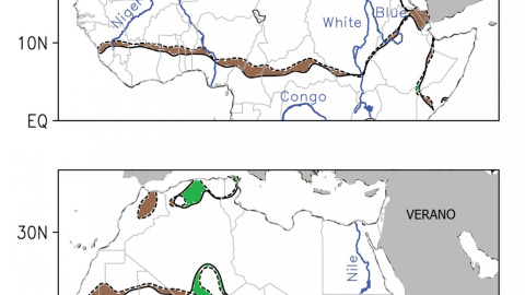 Cambios en los límites del desierto del Sahara en invierno y en verano entre 1920 (líneas de puntos) y 2013 (líneas continuas), según las precipitaciones. El color marrón representa avance del desierto y el color verde retroceso./UNIVERSIDA