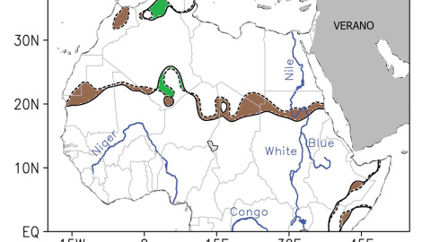 Cambios en los límites del desierto del Sahara en invierno y en verano entre 1920 (líneas de puntos) y 2013 (líneas continuas), según las precipitaciones. El color marrón representa avance del desierto y el color verde retroceso./UNIVERSIDA