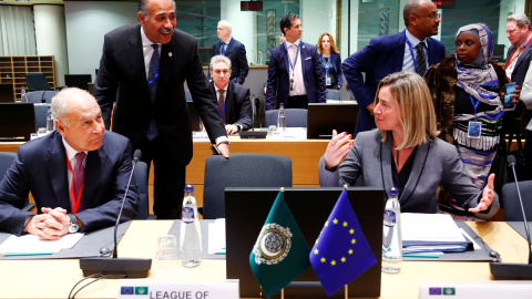 Arab League Secretary-General Ahmed Abul Gheit and EU foreign policy chief Federica Mogherini attend a joint meeting of European Union and League of Arab States foreign ministers in Brussels, Belgium February 4, 2019. REUTERS/Francois Lenoi