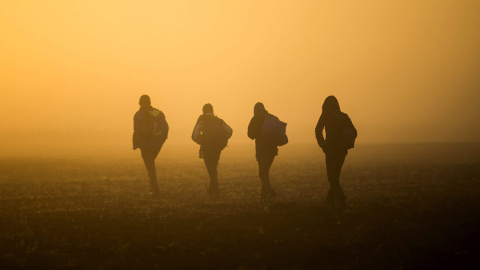 Refugiados caminan por el campo para evitar los controles de la policía en las vías del tren que conectan Horgos Szeged. cerca de Roszke en Hungría. EFE