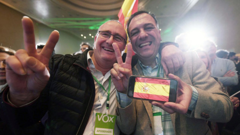 Dos activistas de VOX celebran el éxito de su partido en la noche electoral tras las autonómicas andaluzas. RAFA ALCAIDE | EFE