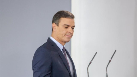 El presidente del Gobierno en funciones, Pedro Sánchez, durante su comparecencia en el Palacio de la Moncloa. - EUROPA PRESS