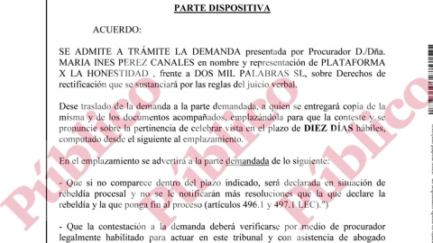 Fragmento del decreto de la jueza Fojón Chamorro admitiendo a trámite la demanda de la PxH contra la editora de la web OKDiario que dirige Eduardo Inda.