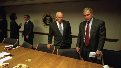 A file handout photo dated 11 September 2001 and provided by the US National Archives via the Vice Presidential Records of the Photography Office on 25 July 2015 shows former US President George W. Bush (R) and former US Vice President Dick