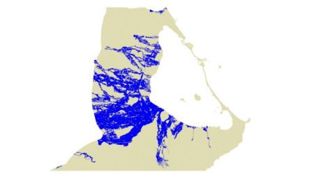 Lámina de inundación asociada al periodo de 500 años, en la cuenca del Mar Menor (azul)./ Observatorio de la Sostenibilidad