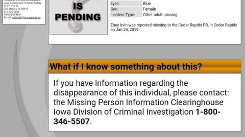 La policía de Cedar Rapids (Iowa) emitió una alerta informando de la desaparición de Zoey tras la denuncia de su madre. La alerta permaneció activa menos de 24 horas.