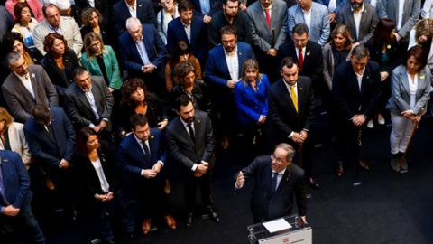 El presidente de la Generalitat, Quim Torra recibe a alcaldes que han aprobado mociones de "apoyo a los presos políticos y exiliados" y de "rechazo a la sentencia del procés del Tribunal Supremo". EFE/Quique García