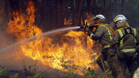 Los bomberos apagan uno de los numerosos focos del incendio en la localidad coruñesa de Rianxo. (LAVANDEIRA JR. | EFE)