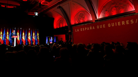 El secretario general del PSOE y presidente del Gobierno, Pedro Sánchez, durante su intervención en la presentación de las 110 principales medidas del programa electoral con el que los socialistas concurren a las elecciones del 28 de abril.