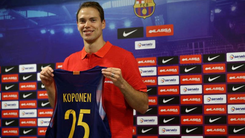 El base finlandés Petteri Koponen durante su presentación como nuevo jugador del Barcelona Lassa. /EFE