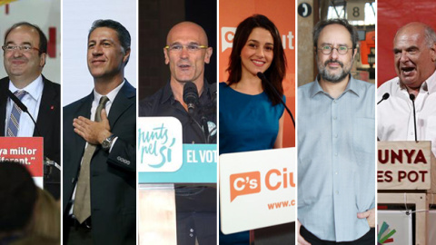 Los seis principales caebza de lista del 27-S: Miquel Iceta (PSC), Xavier García Albiol (PPC), Raül Romeva (Junts pel Sí), Inés Arrimadas (Ciutadans), Antonio Baños (CUP), y Lluis Rabell (Sí que es Pot).