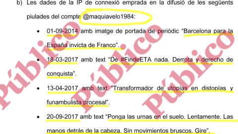 Extracto del escrito de la defensa de ERC con algunos de los tuits que solicita que el Juzgado verifique, correspondientes a la cuenta 'Tácito' del coronel Daniel Baena.