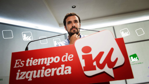 El candidato de IU a la Presidencia del Gobierno, Alberto Garzón, durante la rueda de prensa para valorar los resultados de las elecciones en Cataluña, a las que la formación ha concurrido con la coalición Catalunya Sí que es Pot. EFE/ Luca