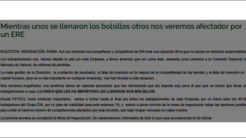 Comunicado borrado del sindicato Fetico sobre el ERE en Dia.