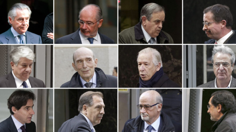 De izquierda a derecha y de arriba a abajo: Miguel Blesa, Rodrigo Rato, Luis Blasco, Jesús Pedroche, Arturo Fernández, José Manuel Fernández Norniella, Ricardo Romero de Tejada, José Ricrdo Martínez Castro, Javier López de Madrid, Ildefondo