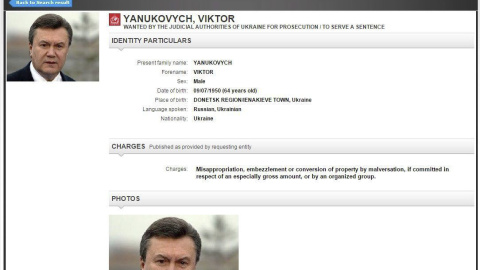 Captura de pantalla de la web de la Interpol  que muestra la sección de personas en búsqueda en la que aparece el expresidente ucraniano, Viktor Yanukovych.. EFE