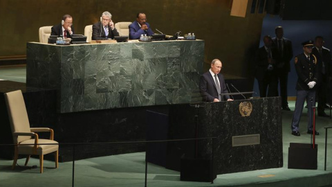 Vladimir Putin,durante su intervención en la Asamblea General de la ONU, en Nueva York. / EFE