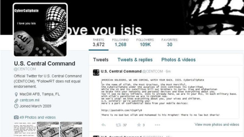 Captura de la página de la cuenta de Twitter del Comando Central de EE.UU., encargado de las operaciones en Irak y Siria, que fue pirateada y en donde se publicó mensajes extremistas y datos personales de miembros del Pentágono.