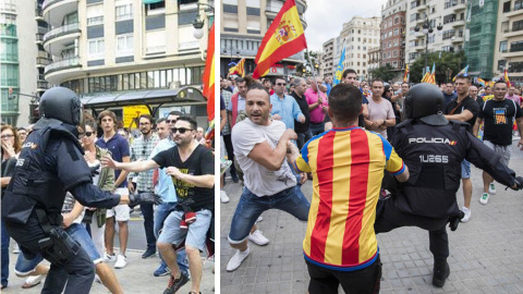 A la izquierda, el abogado Luis Miguel Jiménez García, con camiseta negra y gafas de sol, enfrentándose a la Policía. A la derecha, el hombre con camiseta blanca, pantalón vaquero corto, y zapatillas blancas, que todavía está en búsqueda. F