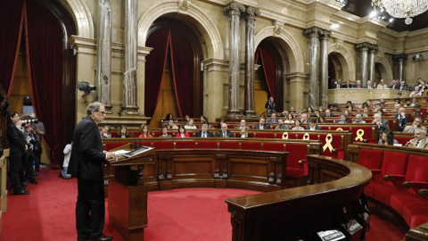 El candidato a presidente de la Generalitat por JxCat, Quim Torra, durante su intervención ante el pleno del Parlament, donde se celebra la segunda sesión del debate de investidura. EFE/Andreu Dalmau