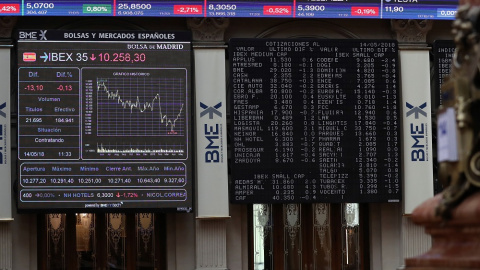 Paneles informativos en el patio de contratación de la Bolsa de Madrid. EFE/Ballesteros