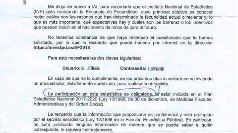 Parte de la carta enviada por el INE a las encuestadas.