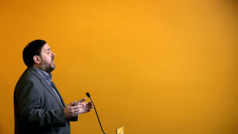 Oriol Junqueras, durante su intervención en el Consell Nacional de ERC. EFE/Alberto Estévez